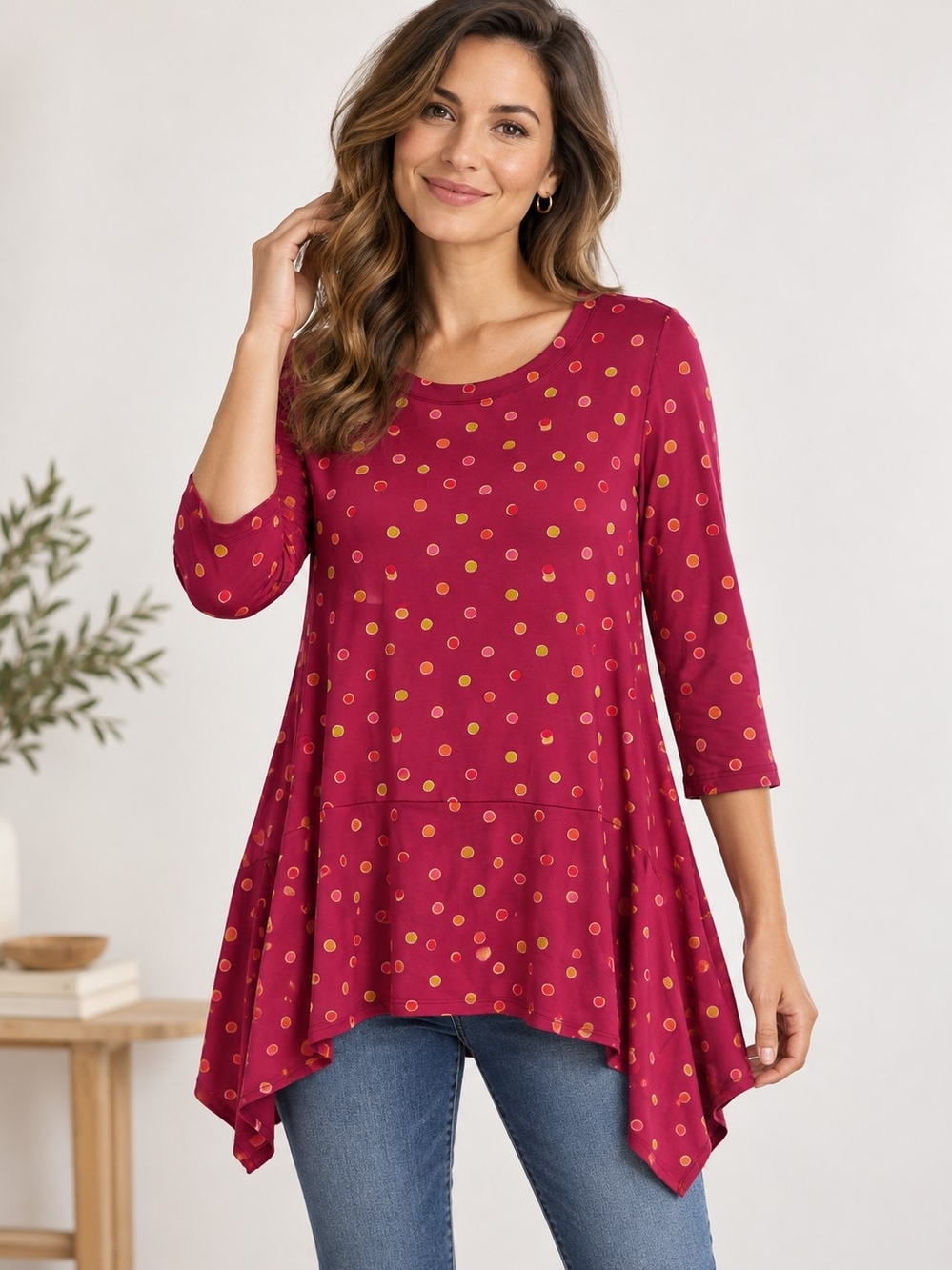 Gudrun Sjödén Burgundy Polka Dot Asymmetric Tunic Top M Artsy Lagenlook NWT